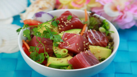 A poke bowl at a restaurant on Kauai